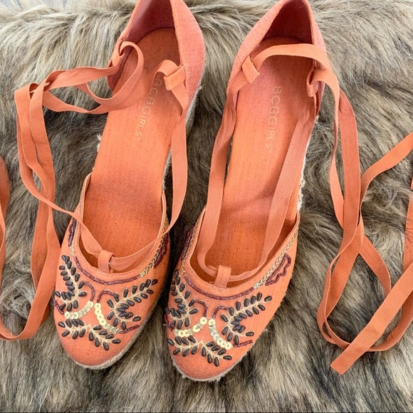 BCB Girls Wedge High Heels Orange Sequin Jewels Lace Up - Picture 1 of 6